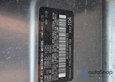 2019 Mitsubishi Mirage G4 Es z USA, uszkodzony, nr VIN ML32F3FJ0KHF05720